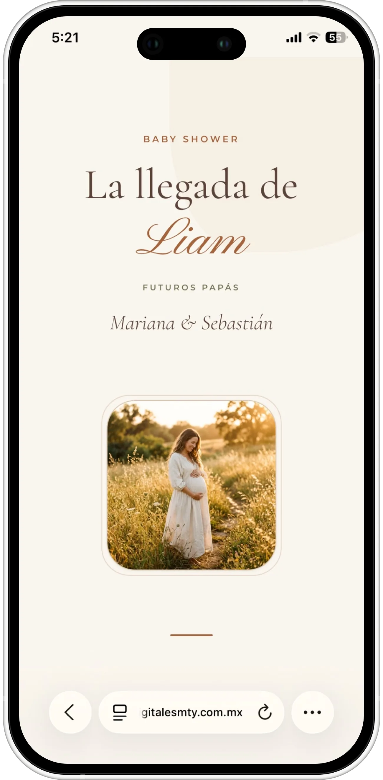 Invitación web para baby shower de Liam con temática boho chic en acuarela y confirmación directa por WhatsApp