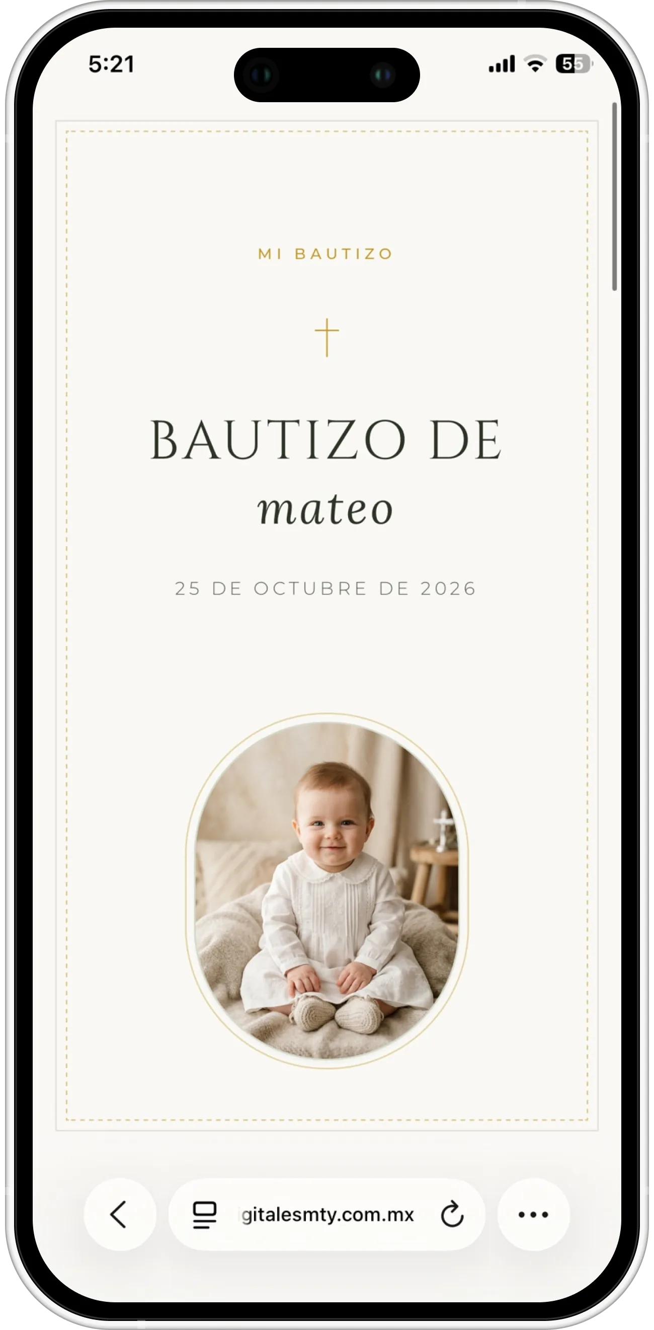 Invitación digital de bautizo para Mateo con estilo clásico sacro, paloma del Espíritu Santo y mapa GPS a la parroquia