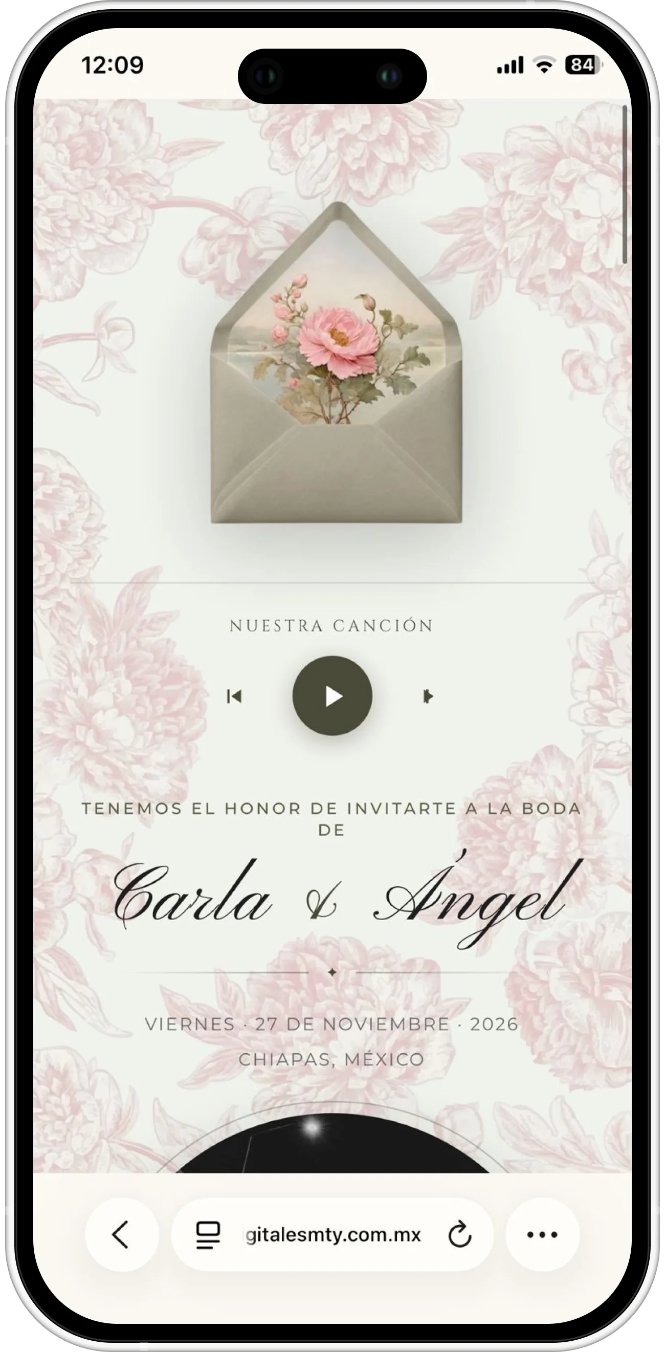 Vista previa de invitación digital interactiva para boda de Carla y Ángel en celular con confirmación RSVP y mapa GPS en Monterrey