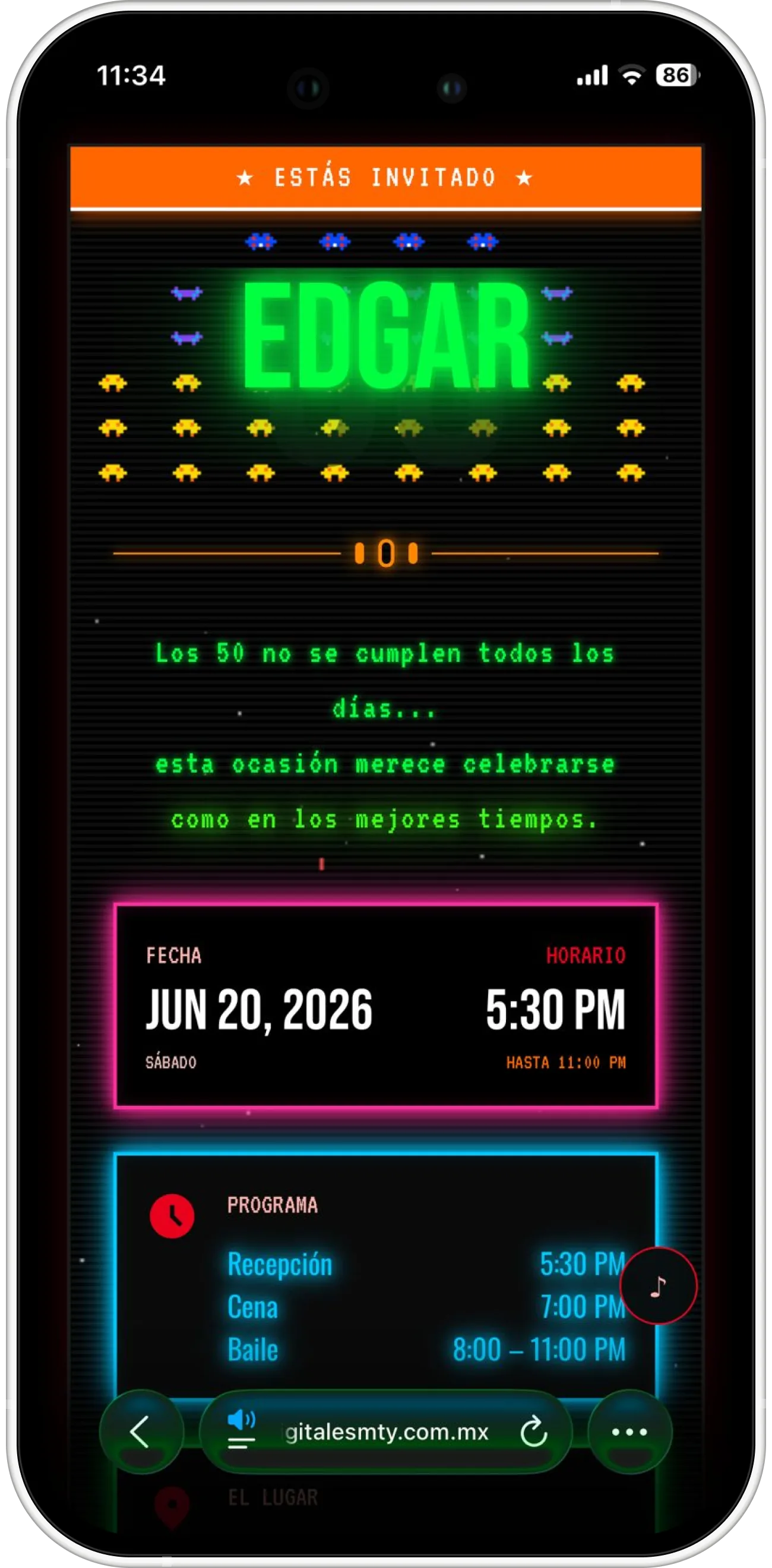 Invitación interactiva para fiesta de cumpleaños de Edgar con cuenta regresiva animada y botón a Google Maps y Waze