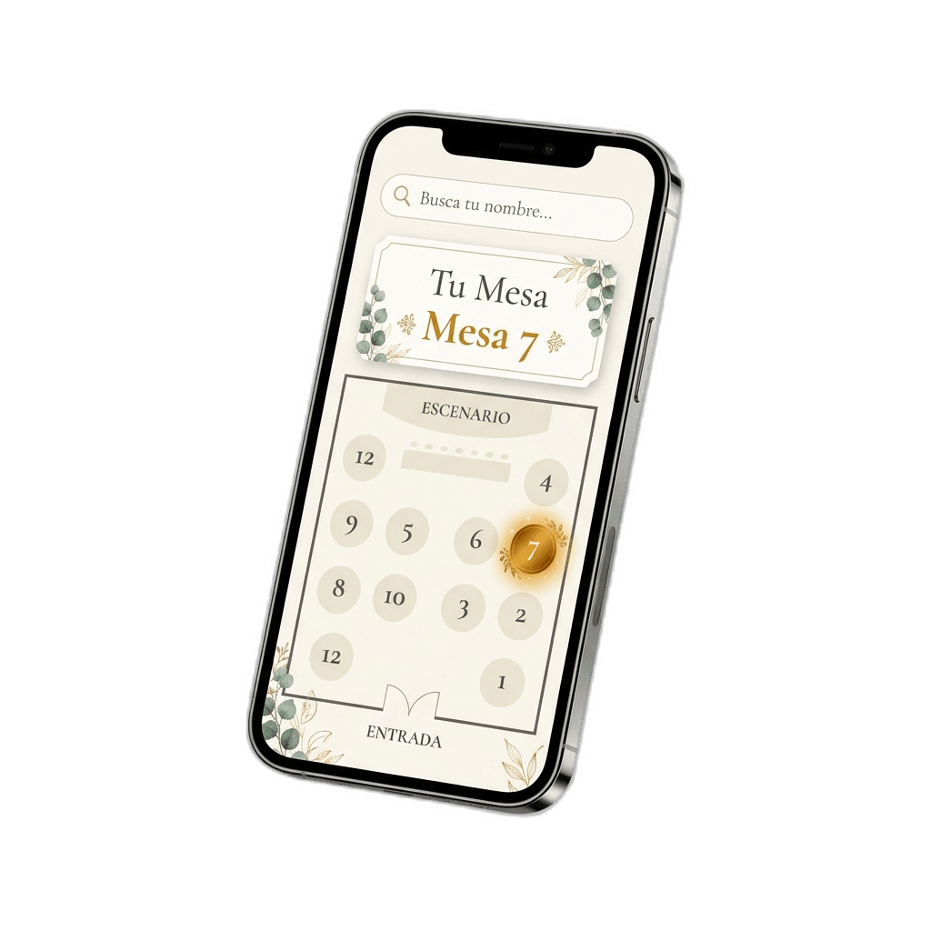 Mockup de Encuentra tu Lugar — buscador de mesa digital para eventos